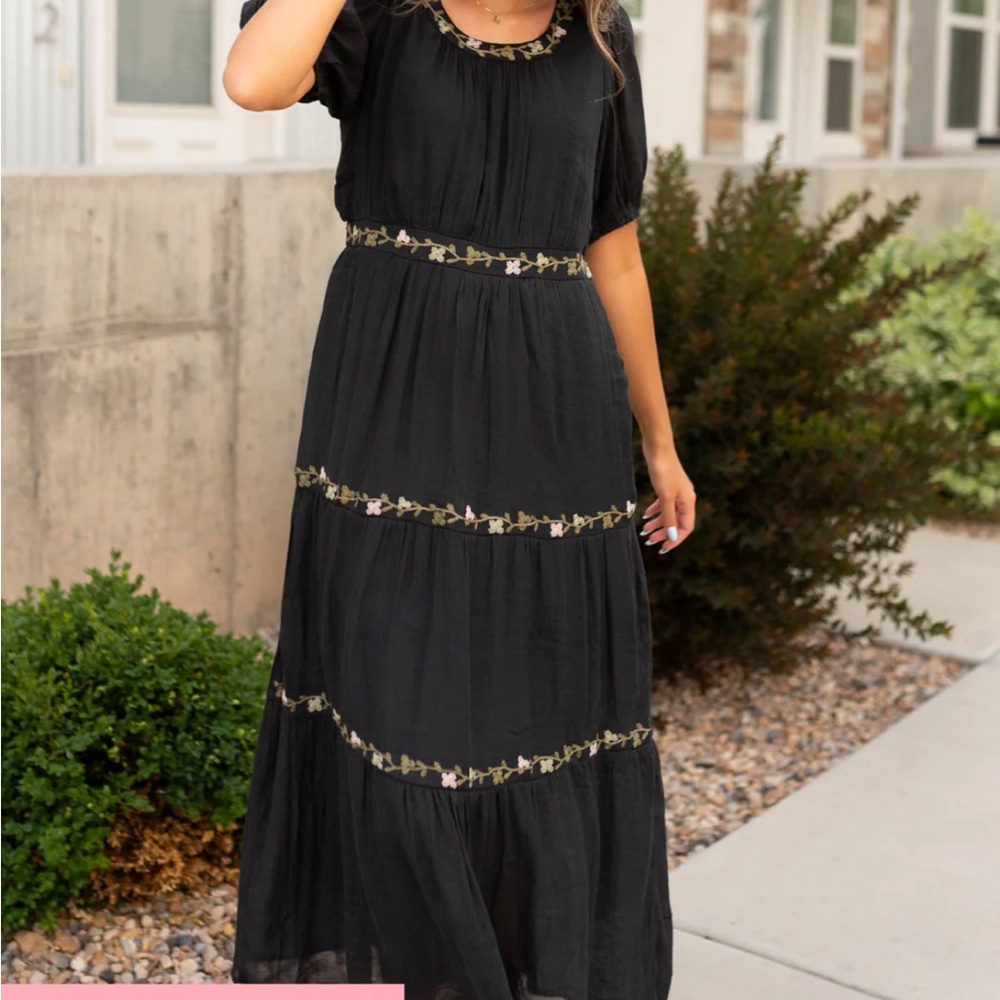 Polagram Black Maxi Dress with Floral Trim